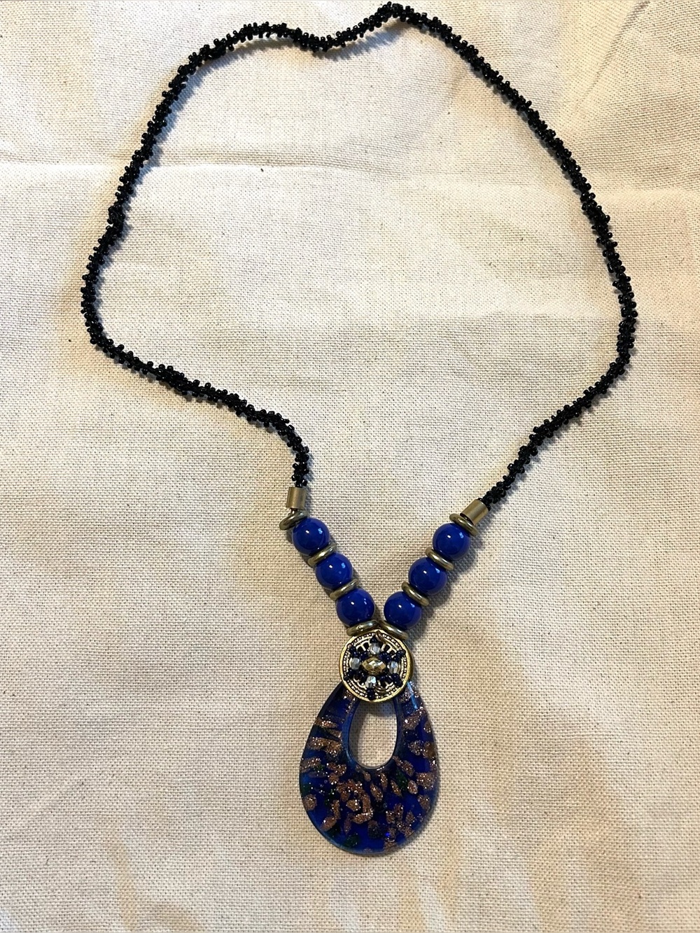bohemian black and blue beaded glass pendant necklace